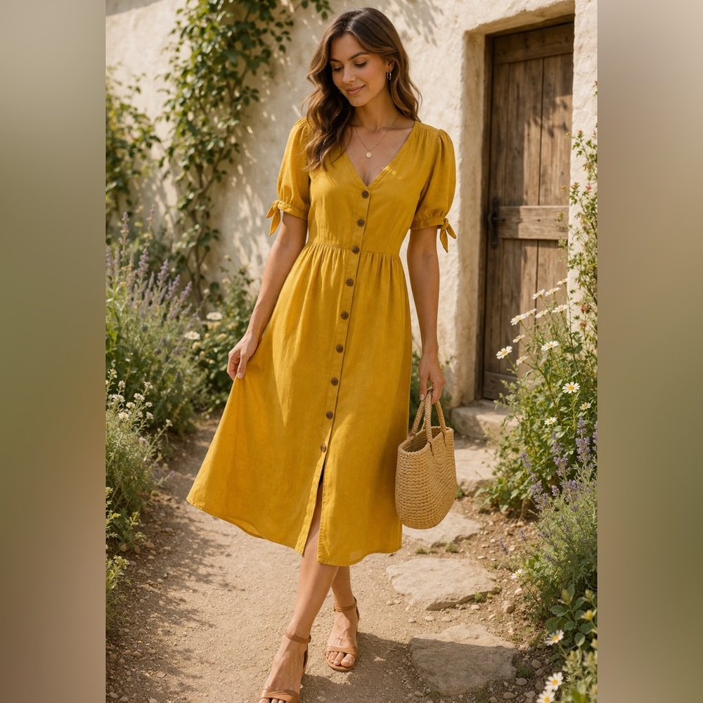 Mustard Yellow Button Front Midi Dress Boho Cottagecore Minimalist Medium